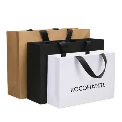50PCS Custom Logo Printed Paper Shopping Bag With Ribbon Handle for Clothing Gift Packaging Bag Sacola De Papel