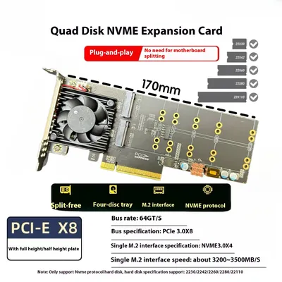 Drive-free, split-free, four-disc M.2 half-height plx8747 expansion card