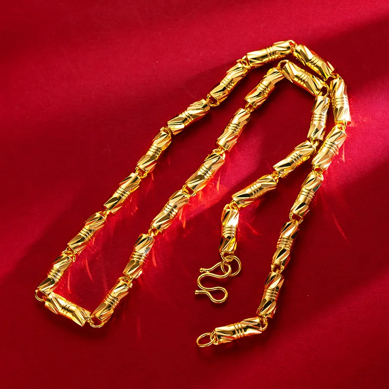 Luxury 24K 9999 Pure Gold Necklace Cylindrical Double Bamboo Necklace Men