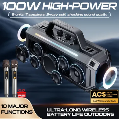 ANC 100W Bluetooth Speaker with 3 Way 7-speaker Built-in/dual wireless mic, Hi-Res Audio, Subwoofer, Instrument Input, 12 hours