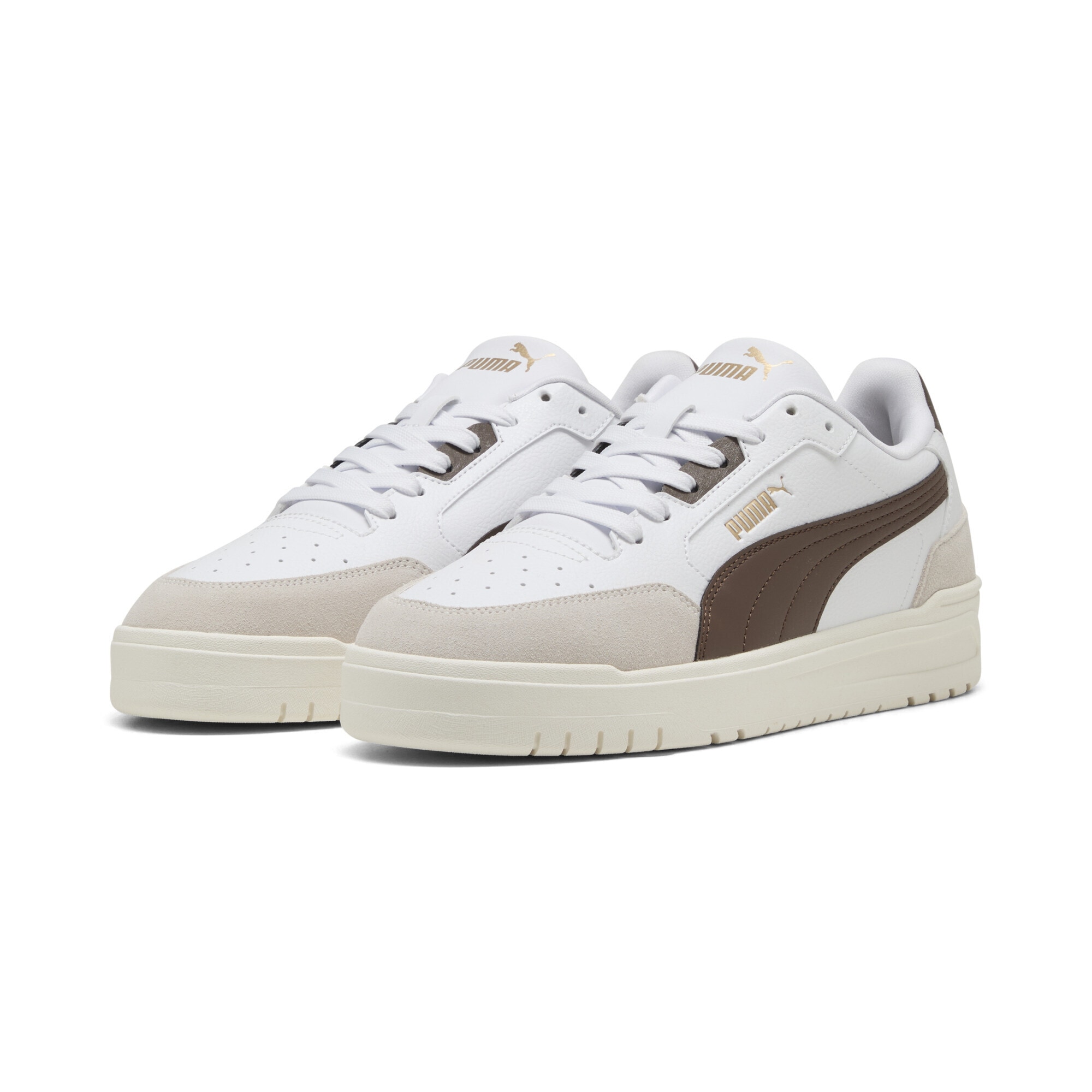 Sneaker PUMA "Shuffle Downtown Sneakers Erwachsene", Gr. 43, weiß (weiß flat bronze vapor gray braun), Obermaterial: Textil, Synthetik, Kuhleder; Futter: Textil; Innensohle: Textil; Laufsohle: Gummi, Schuhe
