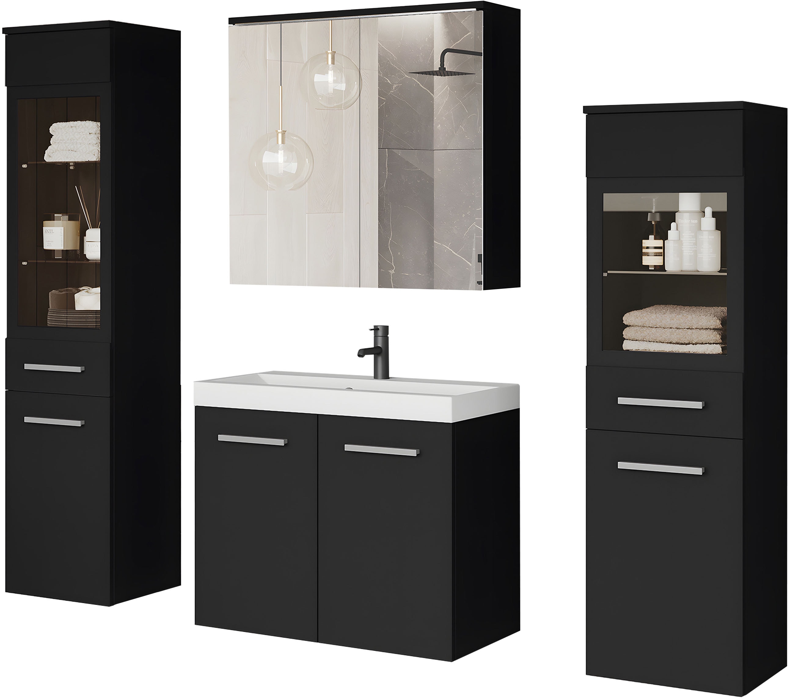 Badmöbel-Set WELLTIME "MADRIT II, Schrank mit Waschbecken, 2 Hänger, Spiegelschrank", schwarz (graphite schwarz matt), B:120,4cm H:131,5cm T:34,5cm, Holzwerkstoff, Kastenmöbel-Sets, Badmöbel-Set, Hängende Badmöbel mit Glaseinsätzen – in vielen...