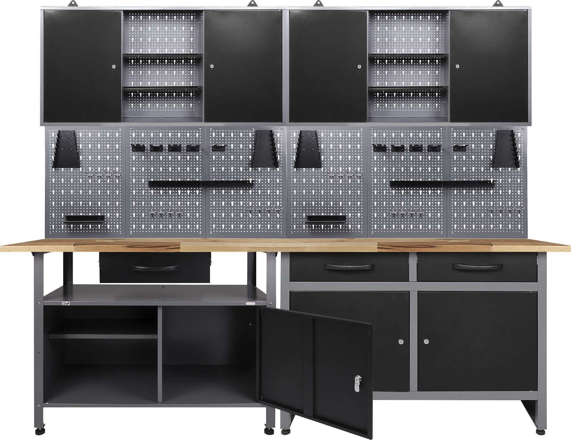 Werkstatt-Set ONDIS24, schwarz (anthrazit, schwarz, grau), B:240cm H:205cm T:60cm, Metall, Werkbänke, 2x Werkbank, 2x Werstattschrank, 2x Lochwand
