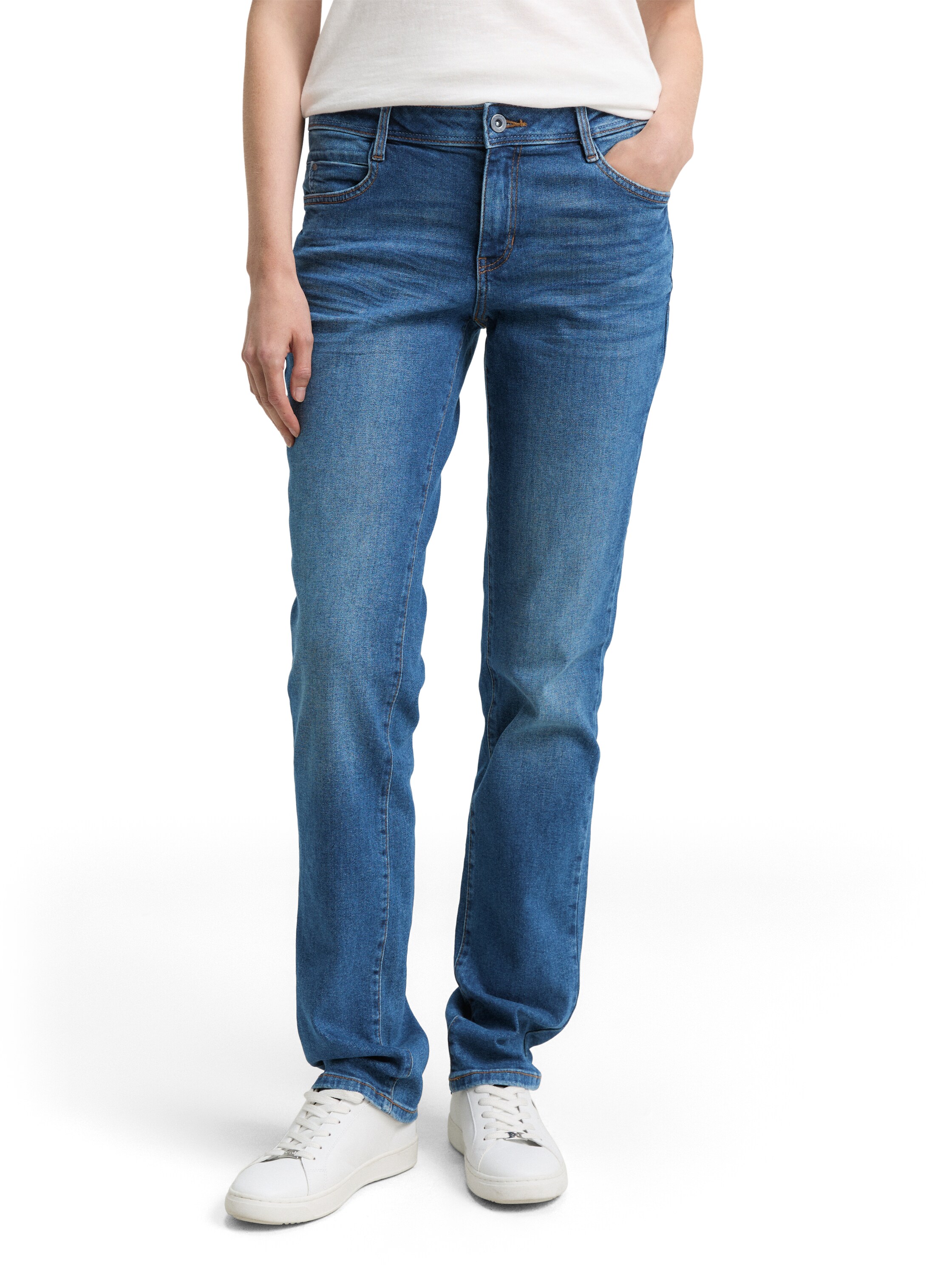 Straight-Jeans TOM TAILOR "LIVA", Damen, Gr. 32, Länge 32, blau (clean mid stone blau denim), Denim/Jeans, Obermaterial: 99% Baumwolle, 1% Elasthan. Futter: 100% Baumwolle, unifarben, straight fit knöchellang, Jeans Straight-Jeans, im Five-Pocket Style