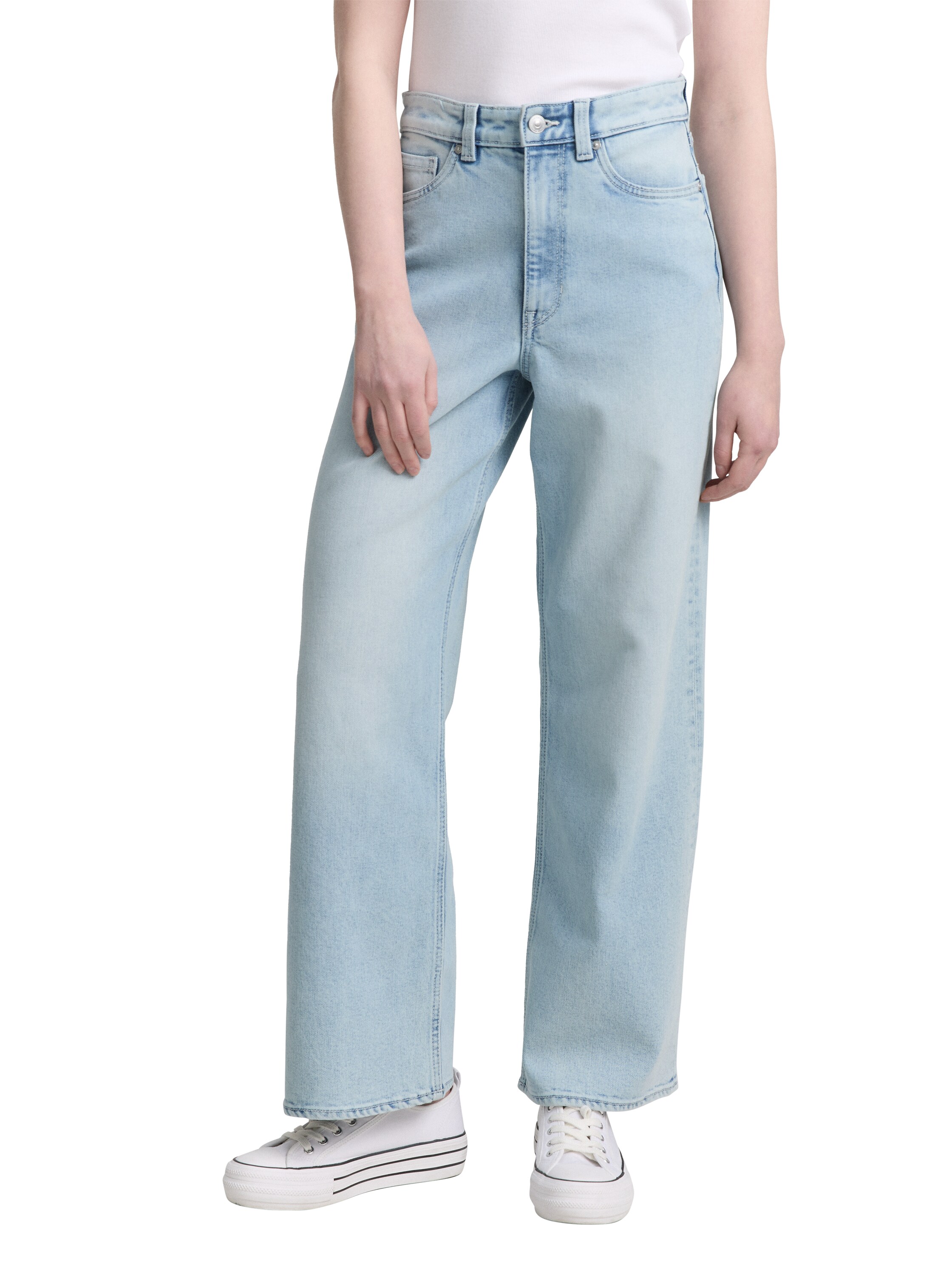 Weite Jeans TOM TAILOR DENIM "LINOU", Damen, Gr. XL (42), Länge 32, blau (clean bleached blau denim), Denim/Jeans, Obermaterial: 43% Polyester, 33% Baumwolle, 22% Lyocell, 2% Elasthan, unifarben, weit knöchellang, Jeans, im Five-Pocket Style