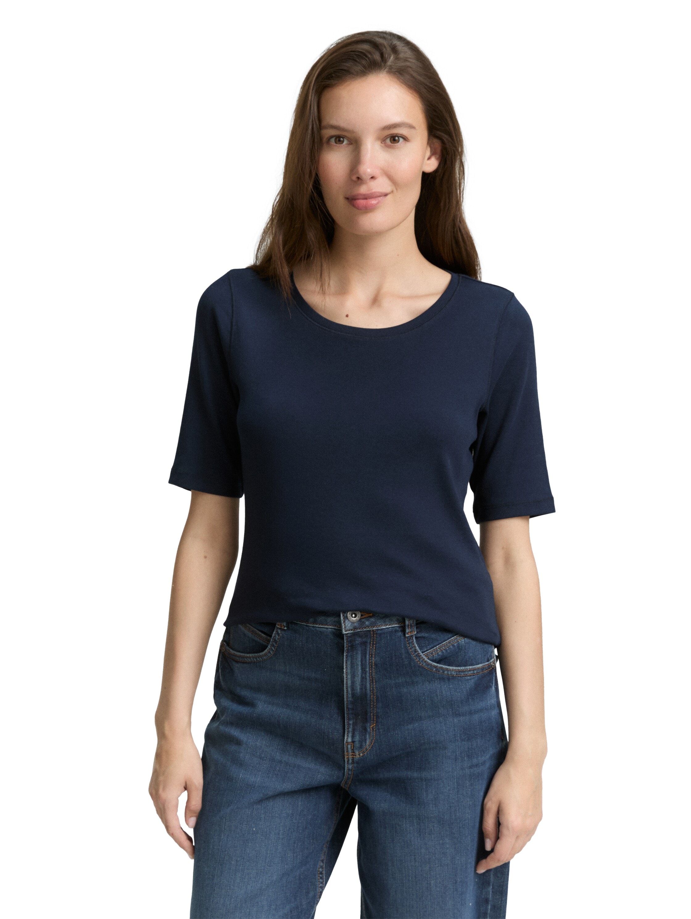 T-Shirt TOM TAILOR, Damen, Gr. L, blau (sky captain blau), Jersey, Obermaterial: 97% Baumwolle, 3% Elasthan, unifarben, normal hüftbedeckend, Rundhals, Shirts, mit großem Rundhalsausschnitt Image