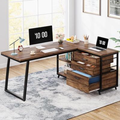 Tribesigns - L-förmiger Computertisch mit 3 Schubladen, wendbarer Eckschreibtisch mit Regalen, 134 Image