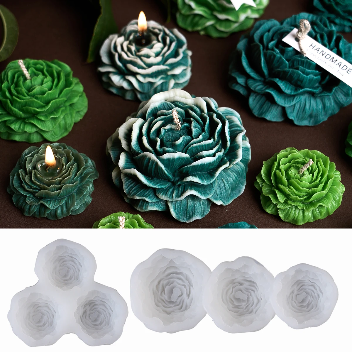 S/M/L/3 Löcher 3D Pfingstrose Kerze Silikon Form DIY Relief Blume Duftenden Seife Harz gips Handwerk Form Kuchen Backen Werkzeuge Wohnkultur Image