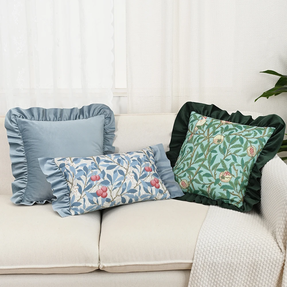 BUYNOW GreenBlue Blumen Jacquard Hollandaise Spitze Kissenbezug Vintage Pastoral Wohnzimmer Sofa Kissenbezug Home Schlafzimmer Dekor Image
