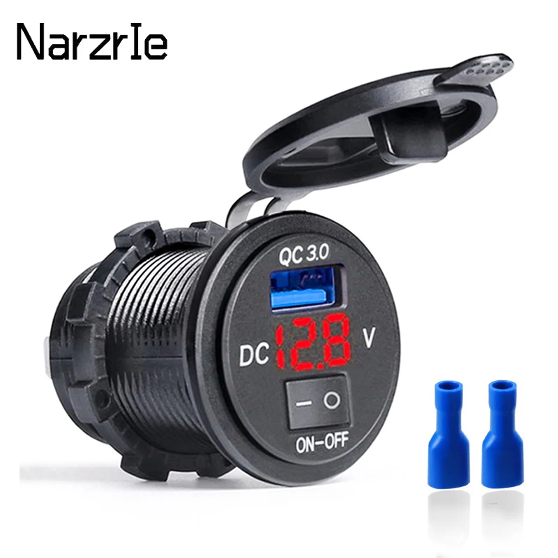 Quick Charge 3.0 USB-Autoladegerät-Buchse, Digitalanzeige, Voltmeter, USB-Ladebuchse mit EIN-AUS-Schalter für Auto, Motorrad, ATV
