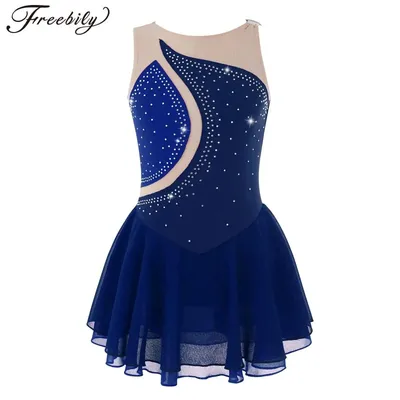 Kids Girls Sparkly Rhinestone Tulle Figure Ice Skating Dress Ballet Roller Skating Costume Gymnastics Leotard Tutu Dance Wear