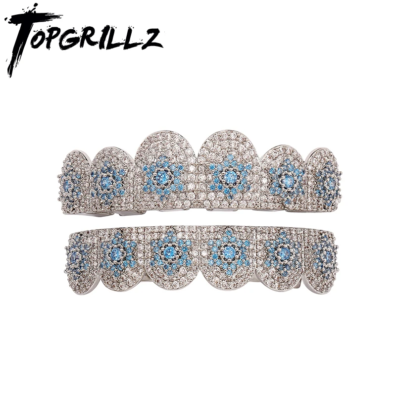 TOPGRILLZ Heißer Verkauf Hip Hop Iced Out Zähne Grillz 6 Top & 6 Bottom Set Blau Zirkonia Stern Hosenträger für Halloween Geschenk