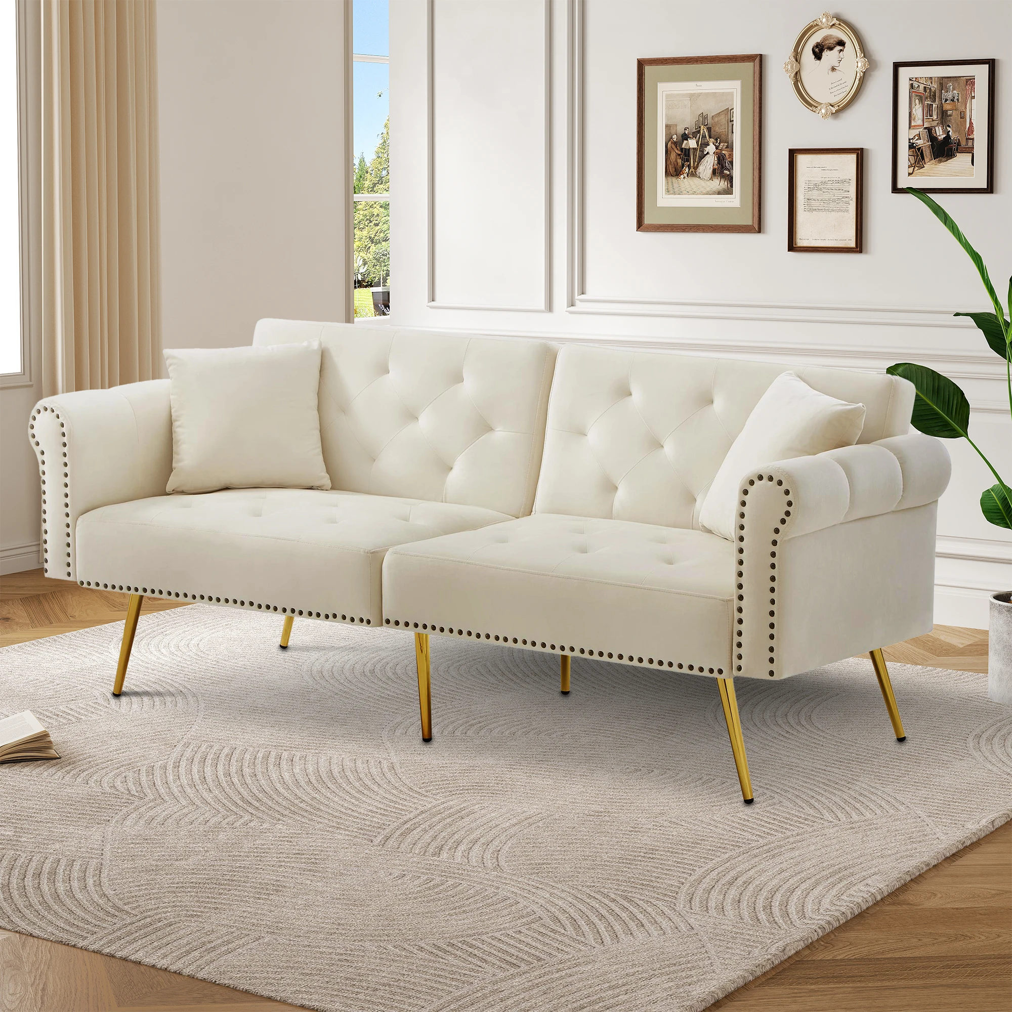 Modernes 2-Sitzer-Schlafsofa MIT Velvetbezug, 3-Tier-Back, vergoldete Metallfüße und Schlaffunktion Image