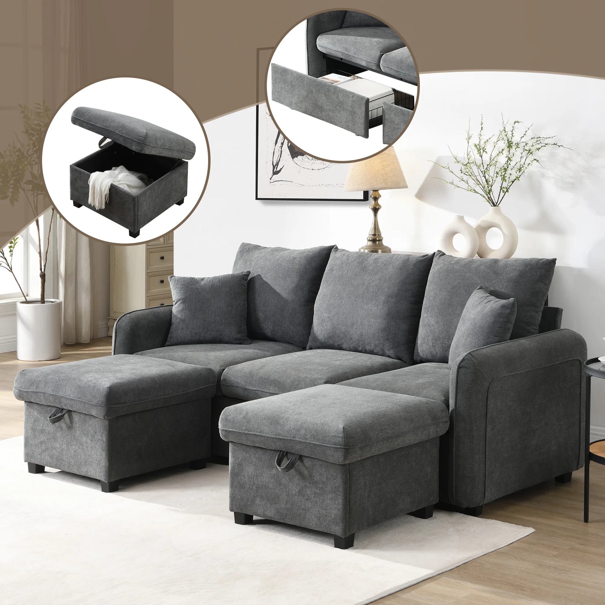 U-förmiges Sofa 3-Sitzer mit Stauraum, Schublade, Ottomane mit Fach, Schlaffunktion, modulares Design, Chenillebezug, Space-Sav