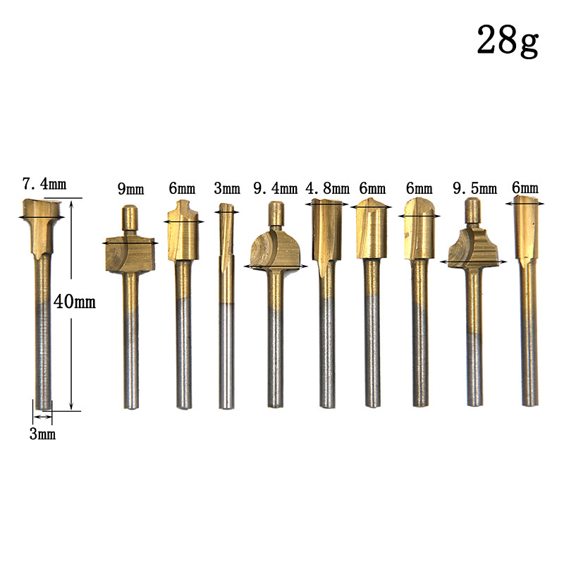 10PCS Titanium Router Bits Set Mini Shank High Speed Steel Drill Bits Files Rotary For Woodden Cutter Tools
