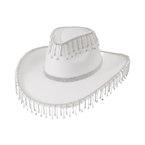 Breathable Cowboy Hat Western Party Large Rolled Brims Hat Fedoras Felts Cowboy Sunproof Supply Wide Rolled Brims Cowgirl Hats Woman Cowgirl With Rhinestones Fringe With Rhinestones Fringe Hats Party