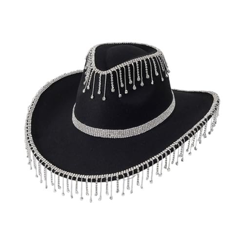 Breathable Cowboy Hat Western Party Large Rolled Brims Hat Fedoras Felts Cowboy Sunproof Supply Wide Rolled Brims Cowgirl Hats Woman Cowgirl With Rhinestones Fringe With Rhinestones Fringe Hats Party