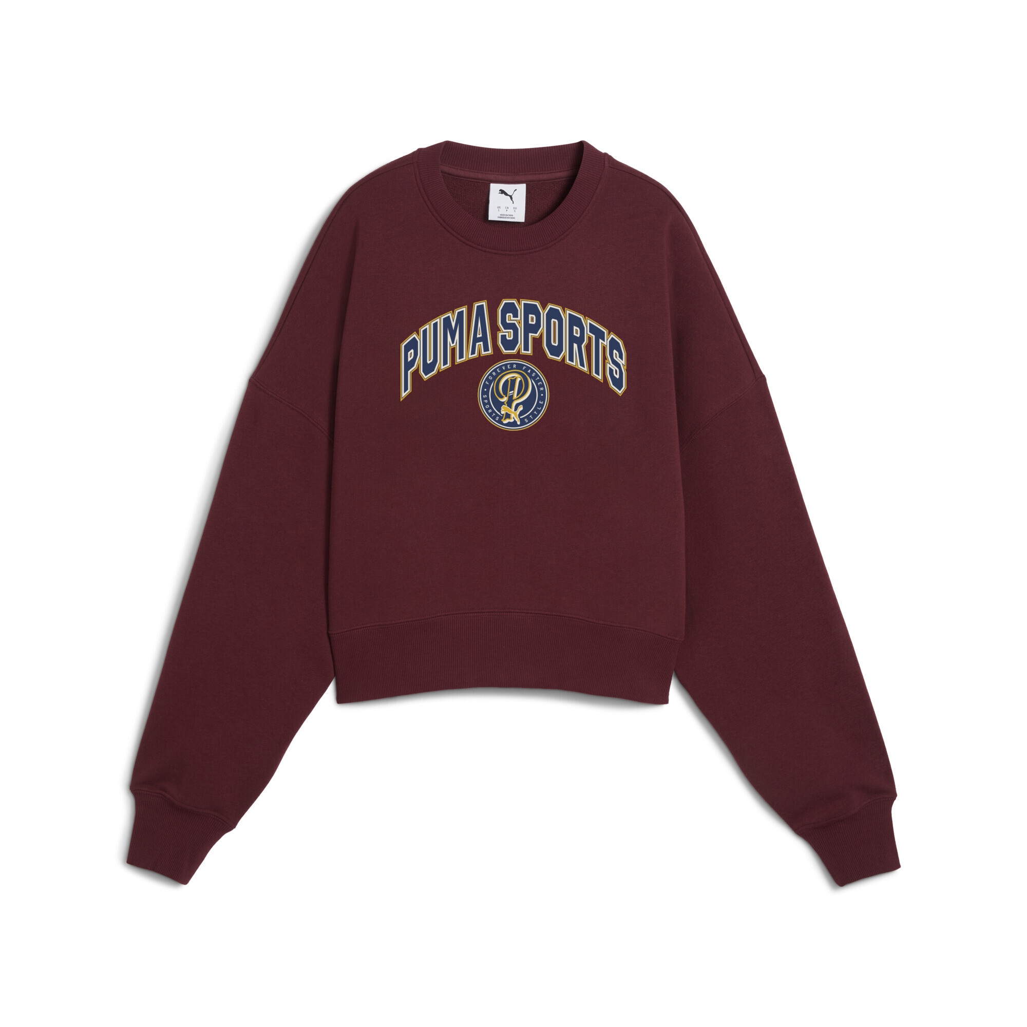 Sweatshirt PUMA "Wardrobe Essentials Sports Legacy Oversized Graphic Crew", Damen, Gr. XS, rot (ruby shimmer rot), Obermaterial: 68% Baumwolle, 32% Polyester; Rippe: 4% Elasthan, 96% Baumwolle, oversize, Rundhals, Sweatshirts Sweatshirt