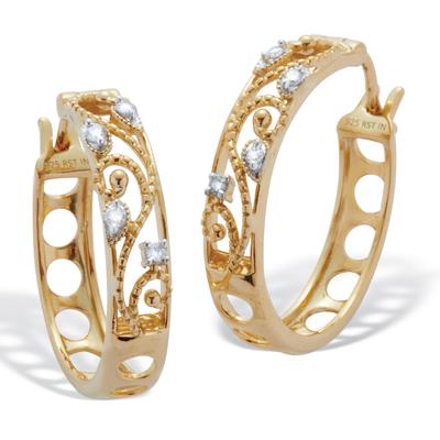 Women's .10 TCW Diamond 18K Gold-Plated Sterling Silver Filigree Hoops (7/10 inch) by PalmBeach Jewelry in White (Size ONE SIZE)