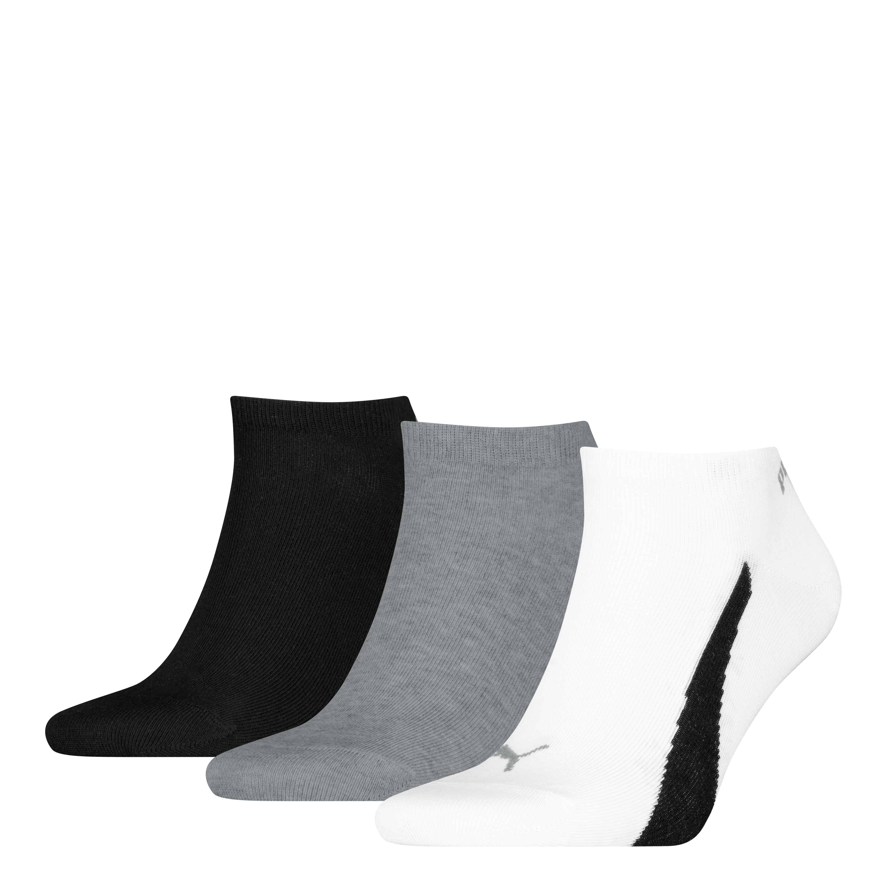 Sneakersocken PUMA "PUMA UNISEX LIFESTYLE SNEAKERS 3P", Damen, Gr. 43-46, weiß (weiß, grau, schwarz), Baumwollmischung, Socken Sneakersocken, Flache Zehennaht, Rippenbündchen