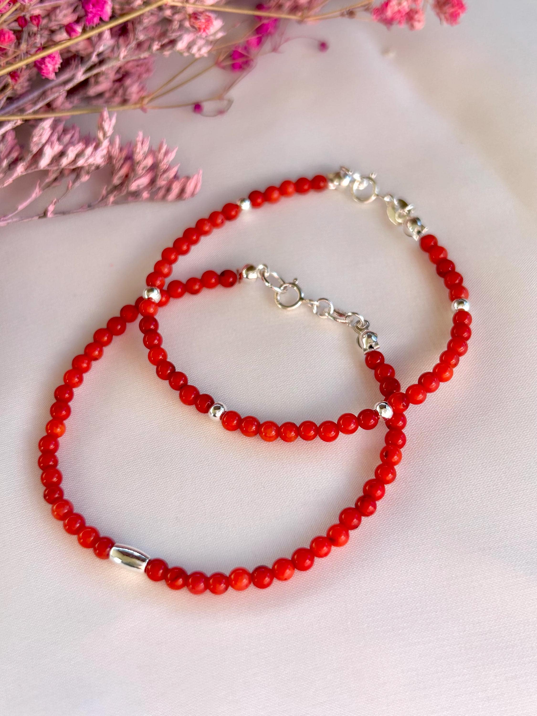 Bracciale in argento/corallo rosso/corallo da 3 mm/gioielli croati/gioielli in corallo/braccialetto in corallo/gioielli dell'Adriatico/argento 925
