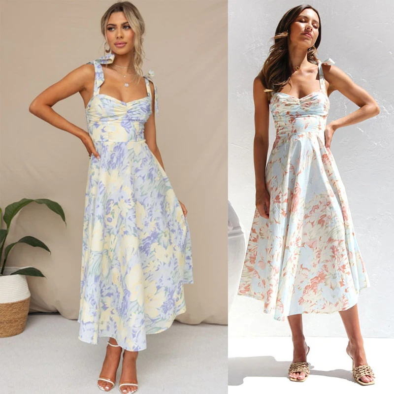 Plus Größe Dame Frühling Sommer Kleid Grün Blumen Druck V-ausschnitt Lange Kleider Casual Böhmischen Ärmellose Frauen Strand Party Dress2024