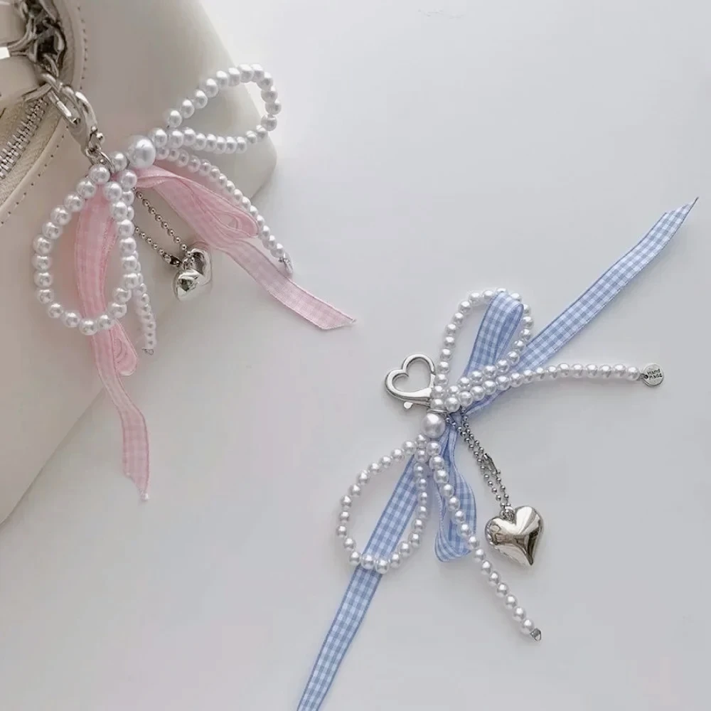 Blau Rosa Gitter Band Schlüsselanhänger Schleife Perlen Herz Tasche Anhänger Elegante Perlen Schlüsselanhänger Y2k Süße Korea Schmuck Zubehör