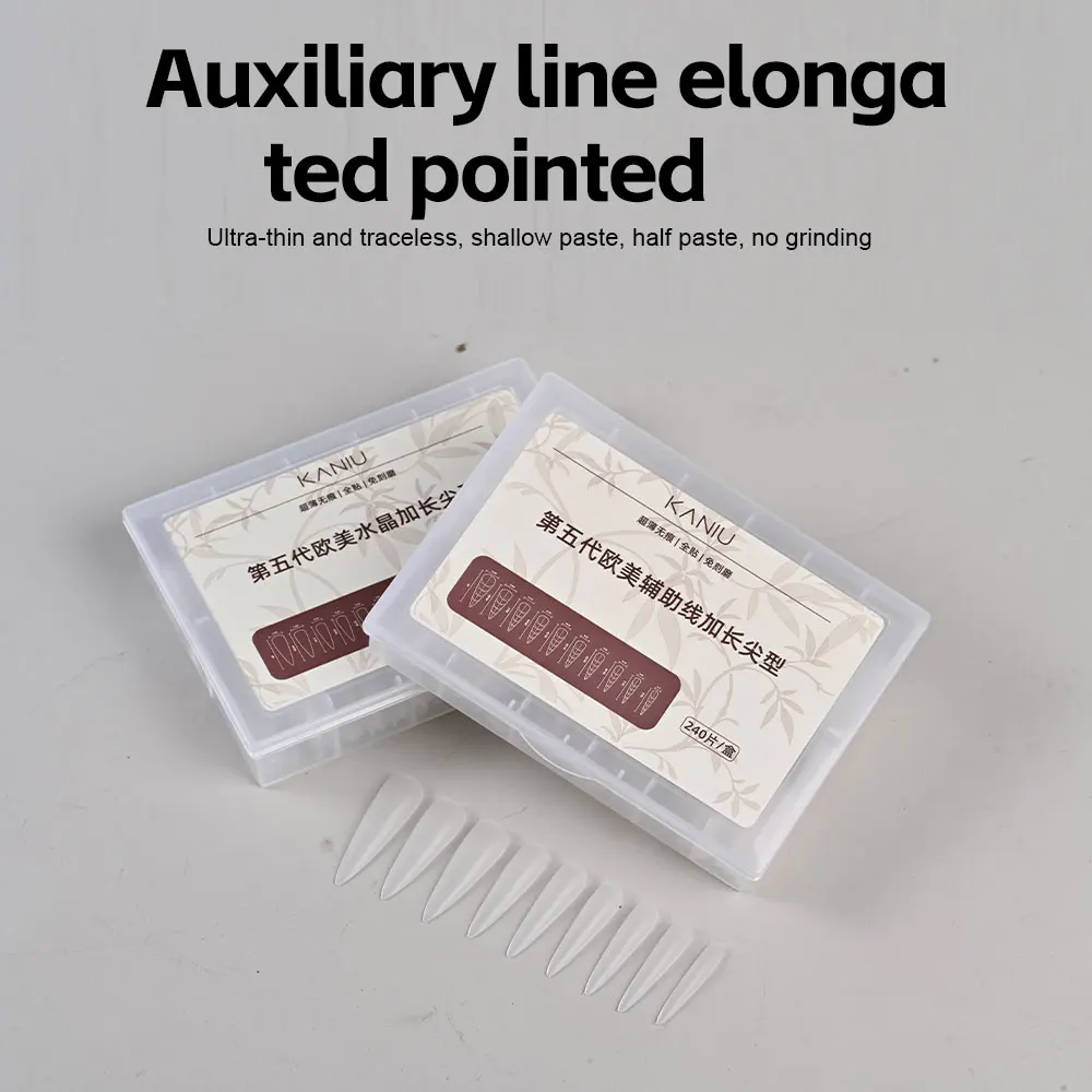 240 Stück extra lange Stiletto-Nagelspitzen, vollständige Abdeckung, Acryl-Verlängerungsset mit Führungslinie, kristallklar, Katzenauge, Maniküre, Salon, DIY Image