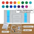 Meuble TV avec LED colorée, meuble TV Lowboard 7 tiroirs, meuble TV avec poignées, câble USB alimenté 5V 2A, kit de quincaillerie, installation facile