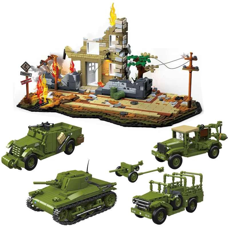 WW2 Western City Front Battle Scene Baustein-Kit M22 Leichter Panzer, amerikanisches Militär M3A1, M6 LKW-Modell Ziegel Spielzeug Kinder Geschenk Image
