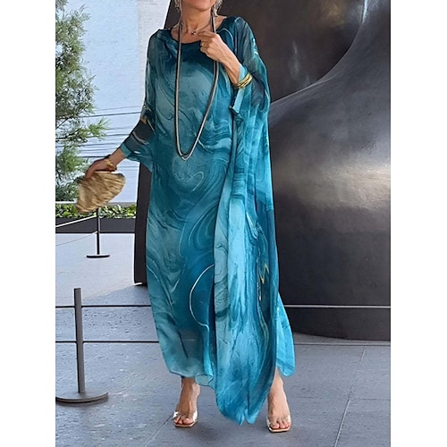 Per donna Abito Lungo Maxi Abito Abito da Cocktail Abito da invitata a nozze Chiffon Moda Moderno All'aperto Vacanza Vestibilità comoda Marmo Manica Lunga Girocollo Giallo Blu Grigio Estate Primavera