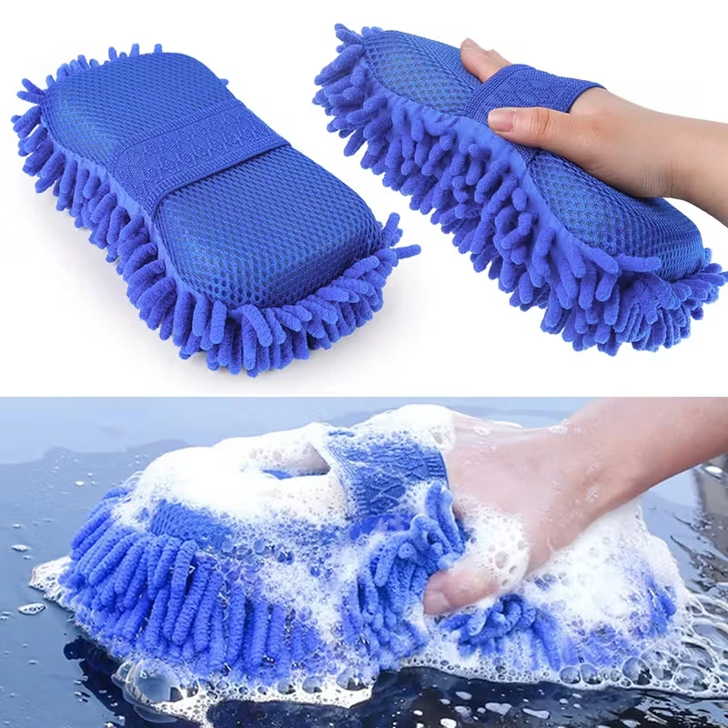 2Pc Blau Mikrofaser Chenille Auto Waschen Schwamm Pflege Waschen Pinsel Pad Reinigung Werkzeug Auto Waschen Handtuch Handschuhe Styling Zubehör Image