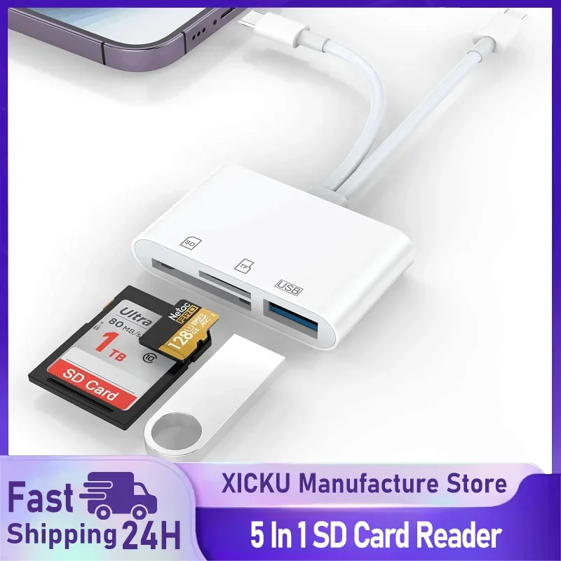 5-in-1-SD-Kartenleser Lightning/Typ C auf USB 3.0/SD/TF-Kartenadapter, Speicherkartenleser für iPhone iPad MacBook Samsung Andro Image