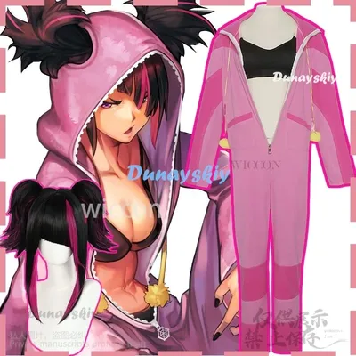 Anime Spiel Street Fighter Cosplay Han Juri Kostüm Overalls Rosa Pyjamas Cos SF Lolita Rosa Schwarz Perücken Weibliche Erwachsene Halloween Image