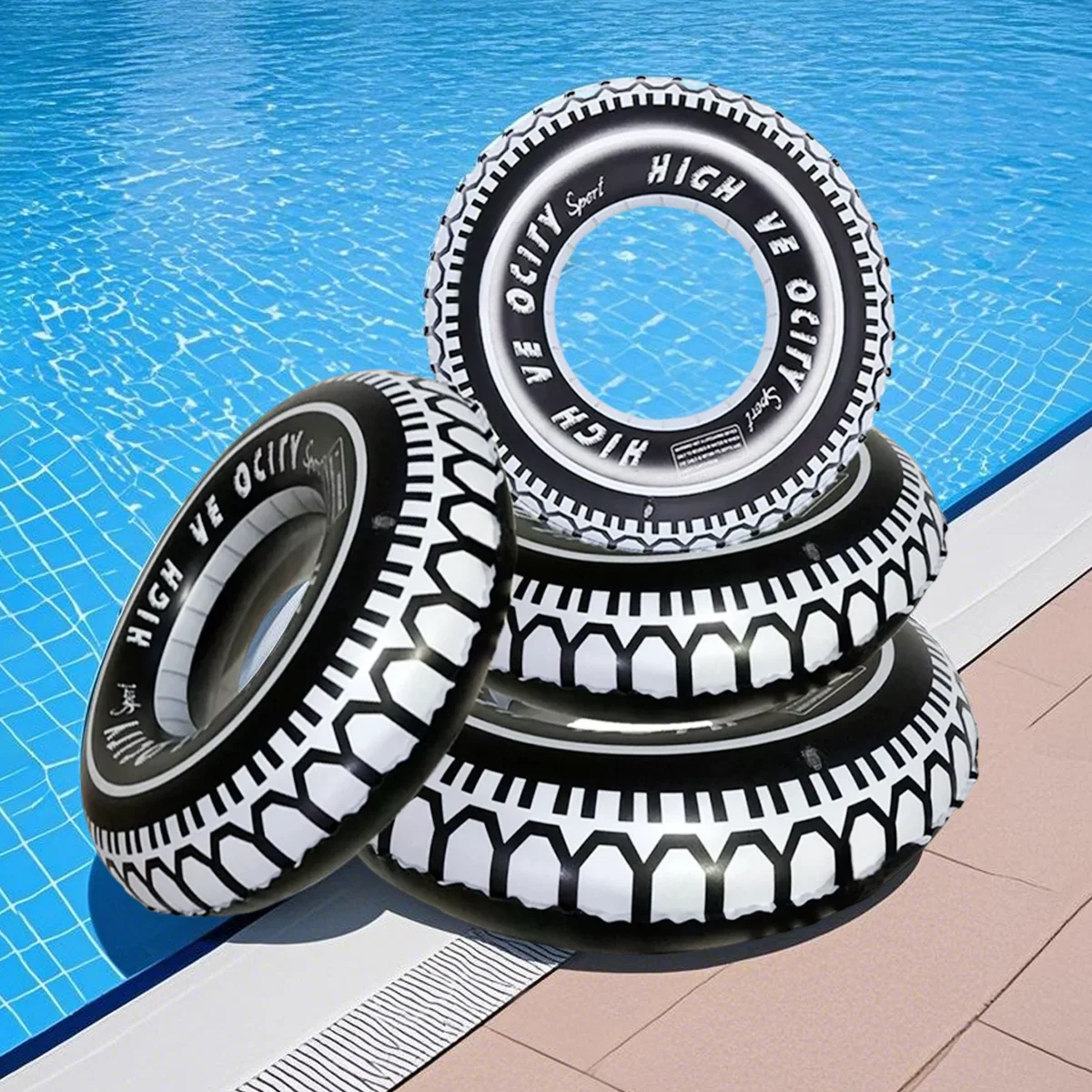 Aufblasbarer Schwimmring mit schwarzem Reifen – Multi-Size-Poolschwimmer mit verdicktem PVC-Aufdruck, Wasserspielspielzeug zum Spaß Image