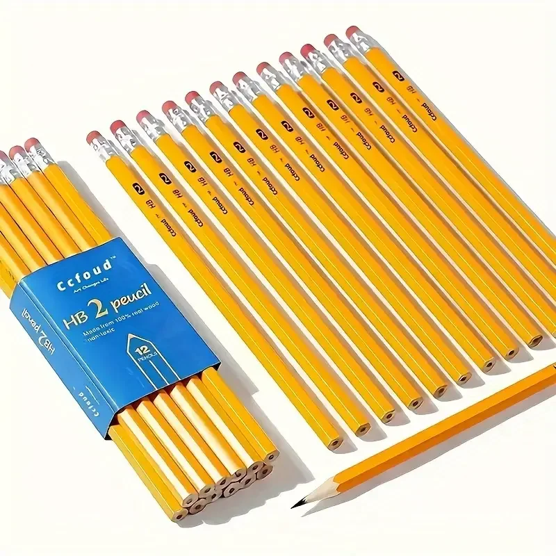 12 Stück Holzstifte mit Radiergummi, vorgespitzte HB-Blei-Graphitstifte für Schüler, Erwachsene, Schule Image