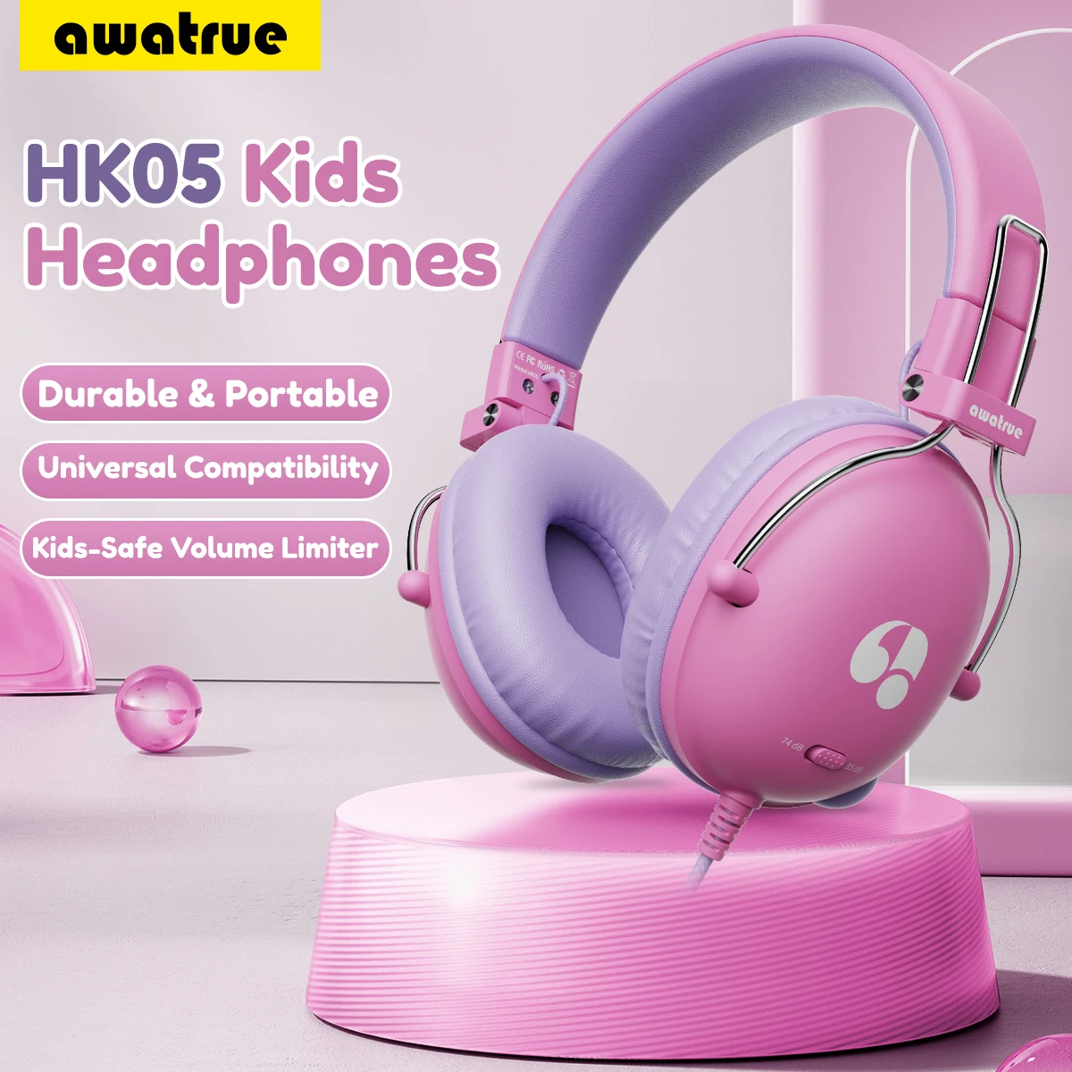 Awatrue Kinderkopfhörer, 74/85 dB, sichere Lautstärkeregrenzung, Stereo, kabelgebunden, On-Ear-Headsets, 3,5-mm-Buchse für IPad, Tablet, Kindle, YOTO-Player Image