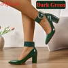 Aphixta Dunkelgrüne Pumps für Damen, 4 cm breiter Riemen, Gürtelschnalle, silberne Metall-Pumps, Schuhe, 7 cm, klobige Absätze, super große Größe 35–53