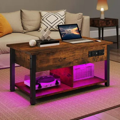 YITAHOME Rustic Brown Lift-Top Coffee Table - Adjustable Height, 2-Tier Storage, Hidden Compartment, LED Lights & Outlets
