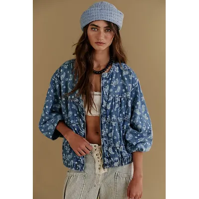 We The Free Layla Printed Denim Jacket at Free People in Blue Fog, Size: Large