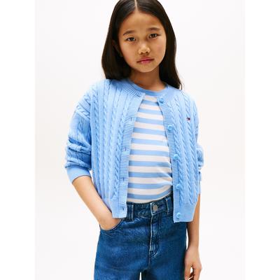 Strickjacke TOMMY HILFIGER "CABLE CARDIGAN", Mädchen, Gr. 5 (110), blau (cloudy blau), Strick, Obermaterial: 100% Baumwolle, unifarben, casual, regular fit hüftlang, Rundhals, Langarm Bündchen, Strickjacken, für Kinder bis 16 Jahre, mit Zopfmuster Image