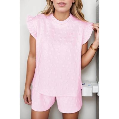 Damen Bogen Jacquard Rüschenshirt mit Kapärmel und Shorts-Set Image