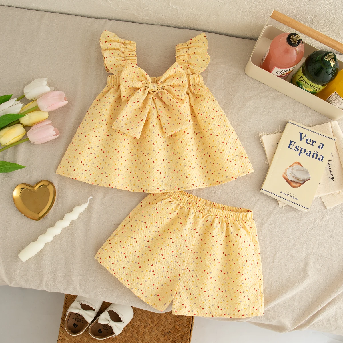 Sweet Love Schleife Top + Shorts Baby Mädchen Zweiteiliges Set, Sommer Neue Kinderkleidung für Strandpartys (9 Monate -3 Jahre alt) Image