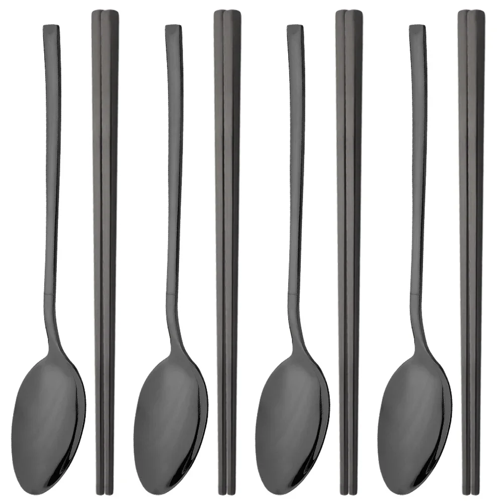 Schwarz Edelstahl Besteck Set Sushi Sticks Abendessen Löffel Set 8Pcs Geschirr Koreanische Stäbchen Dessert Löffel Besteck Set Image