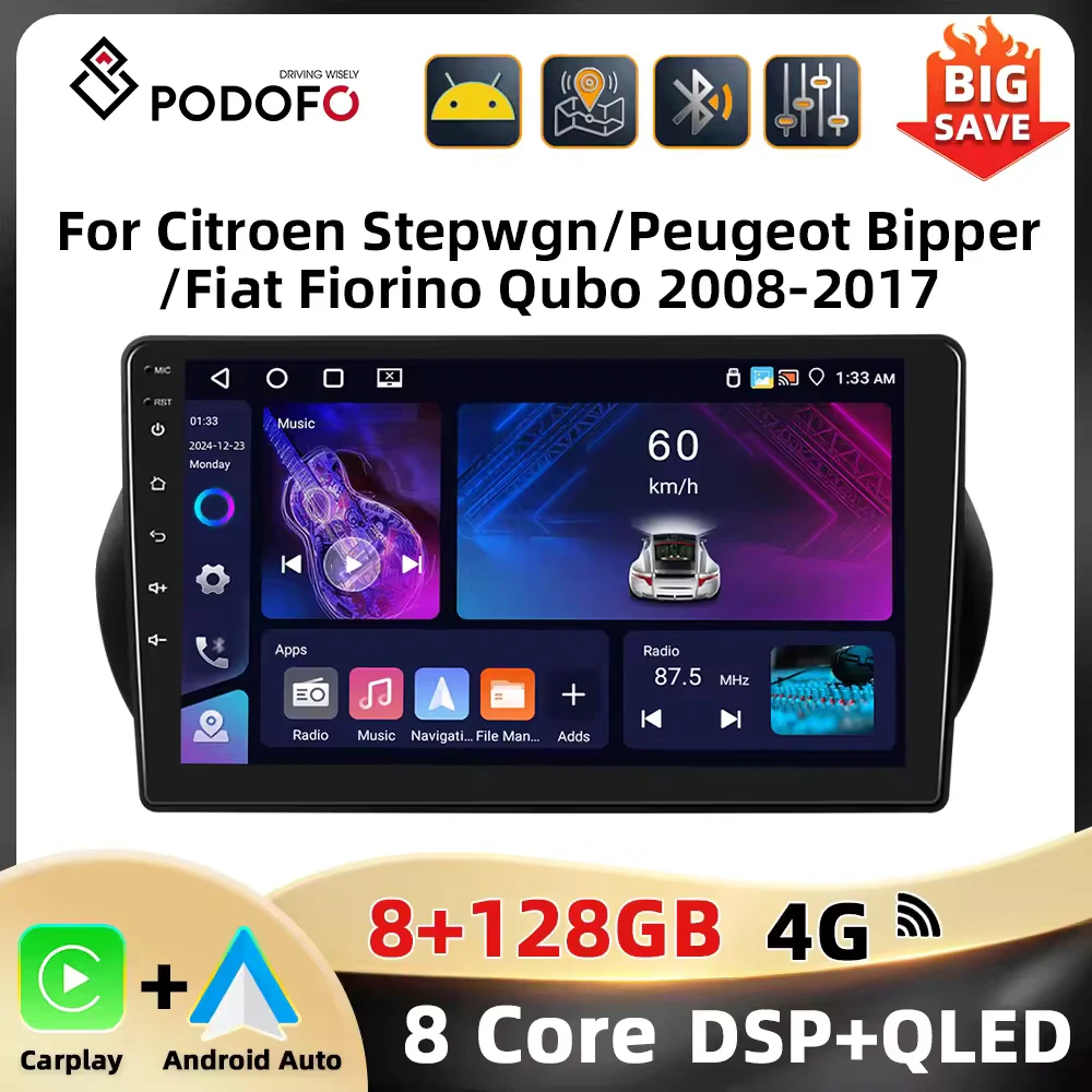 Podofo 2Din 8+128G Car Radio For Citroen Nemo/Peugeot Bipper/Fiat Fiorino Qubo 2008-2017 Android Auto Carplay GPS RDS Car Stereo Image