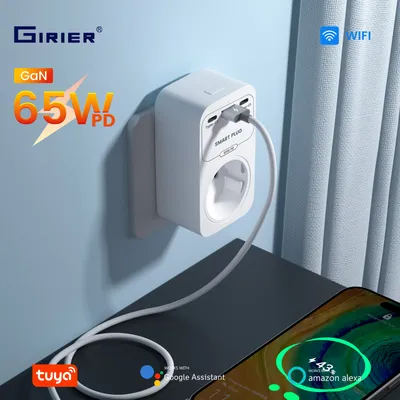 GIRIER Tuya WiFi Smart Power Plug mit 65 W GaN Schnellladegerät PD Schnellladung Typ C USB A Ports EU/FR/UK/US-Stecker unterstützt Alexa