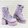 Lila Damen-Stiefeletten im Y2K-Stil mit Nietenkette, Metallsplitter-Designstiefel, Schnürstiefel mit seitlichem Reißverschluss, Schuhe, Größe 46, Mary Jane-Schuhe
