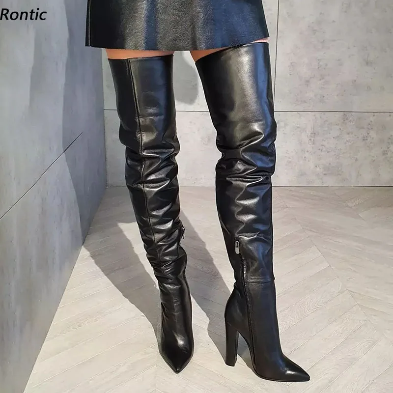 Rontic Neue Mode Frauen Winter Oberschenkel Stiefel Matt Seite Zipper Chunky Heels Spitz Elegante Schwarz Casual Schuhe UNS Größe 5-15
