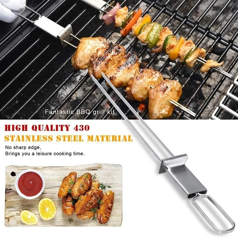 Heißer Edelstahl BBQ Gabel Grill Stick Doppel Pin mit Push Platte BBQ Metall BBQ Spieße Grillen Werkzeuge liyi Image