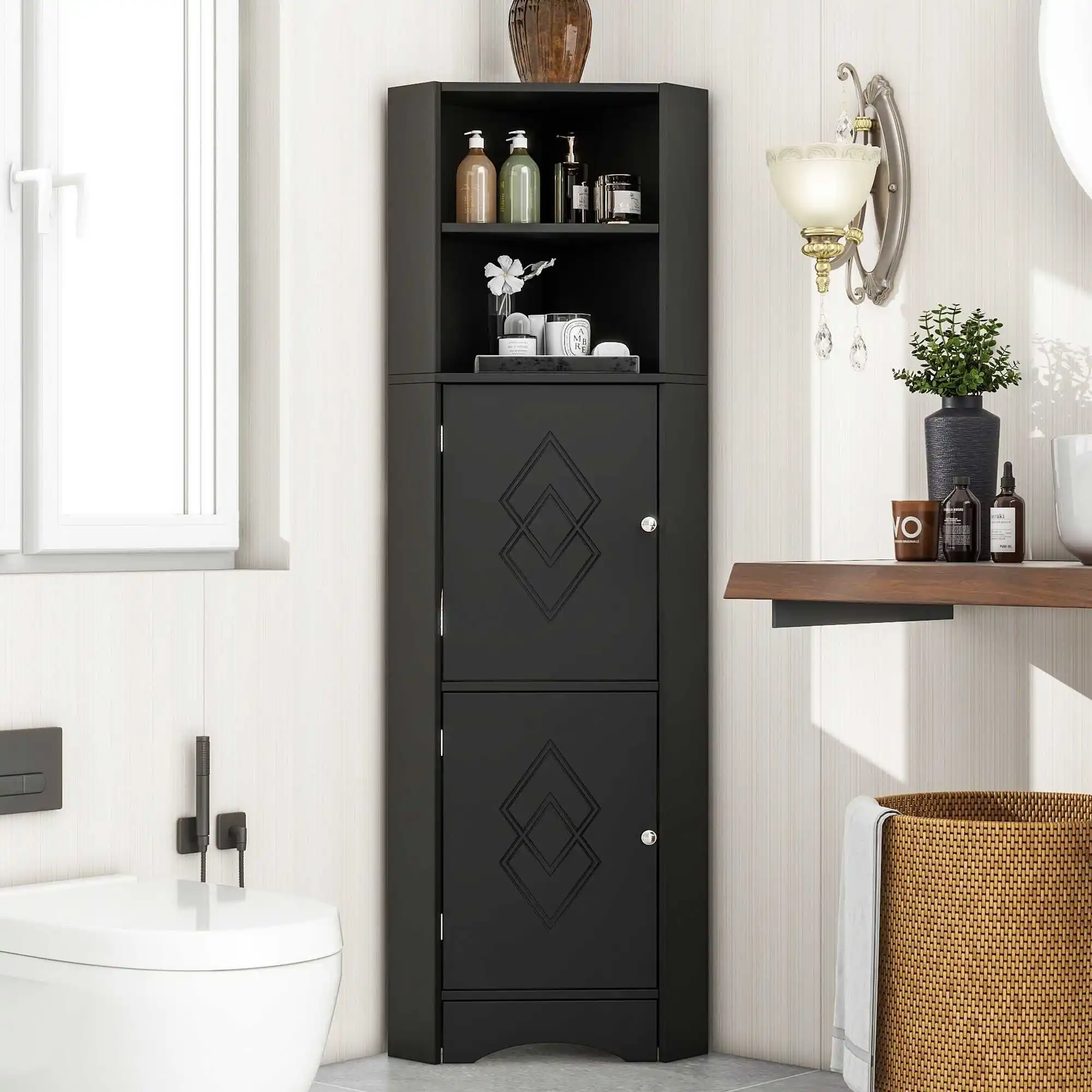 Mobile da bagno, mobile da bagno, mobile ad angolo con due scomparti portaoggetti, 36,5 x 36,5 x 155 cm, nero